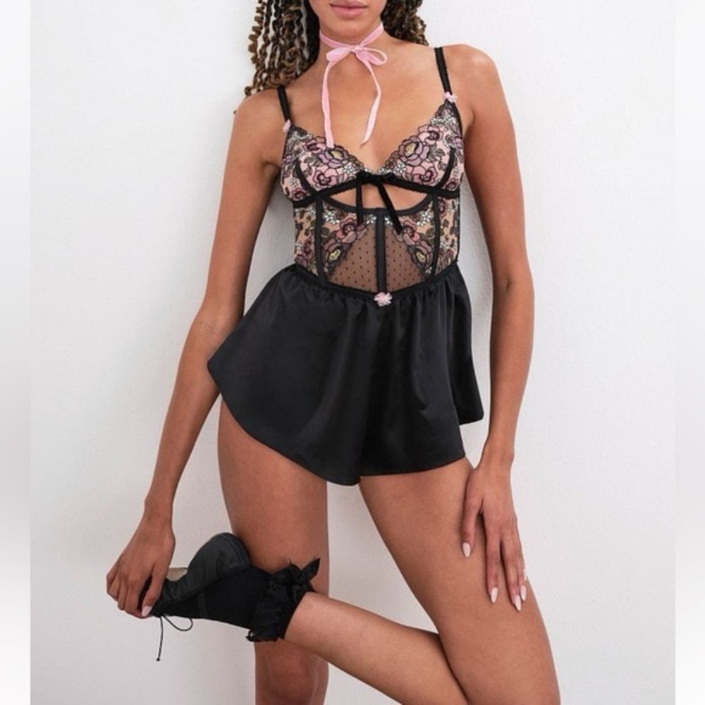 For Love and Lemons Clara Romper Black and Pink Floral Satin